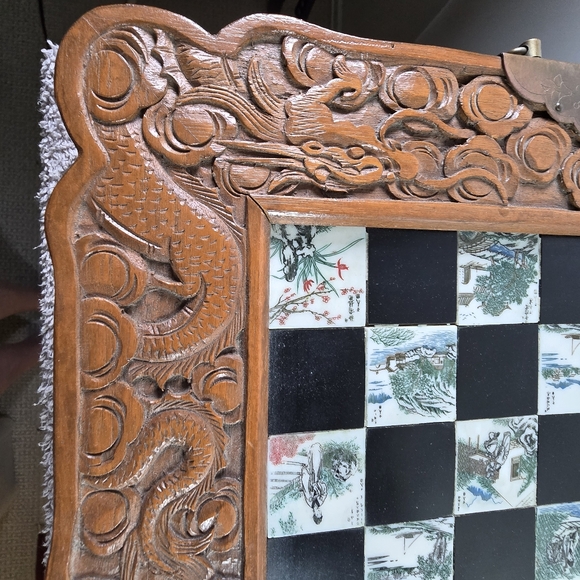 Vintage Chinese Hand Carved Jade Soapstone Chess Set Folding Wooden Case Drawers - Picture 6 of 16